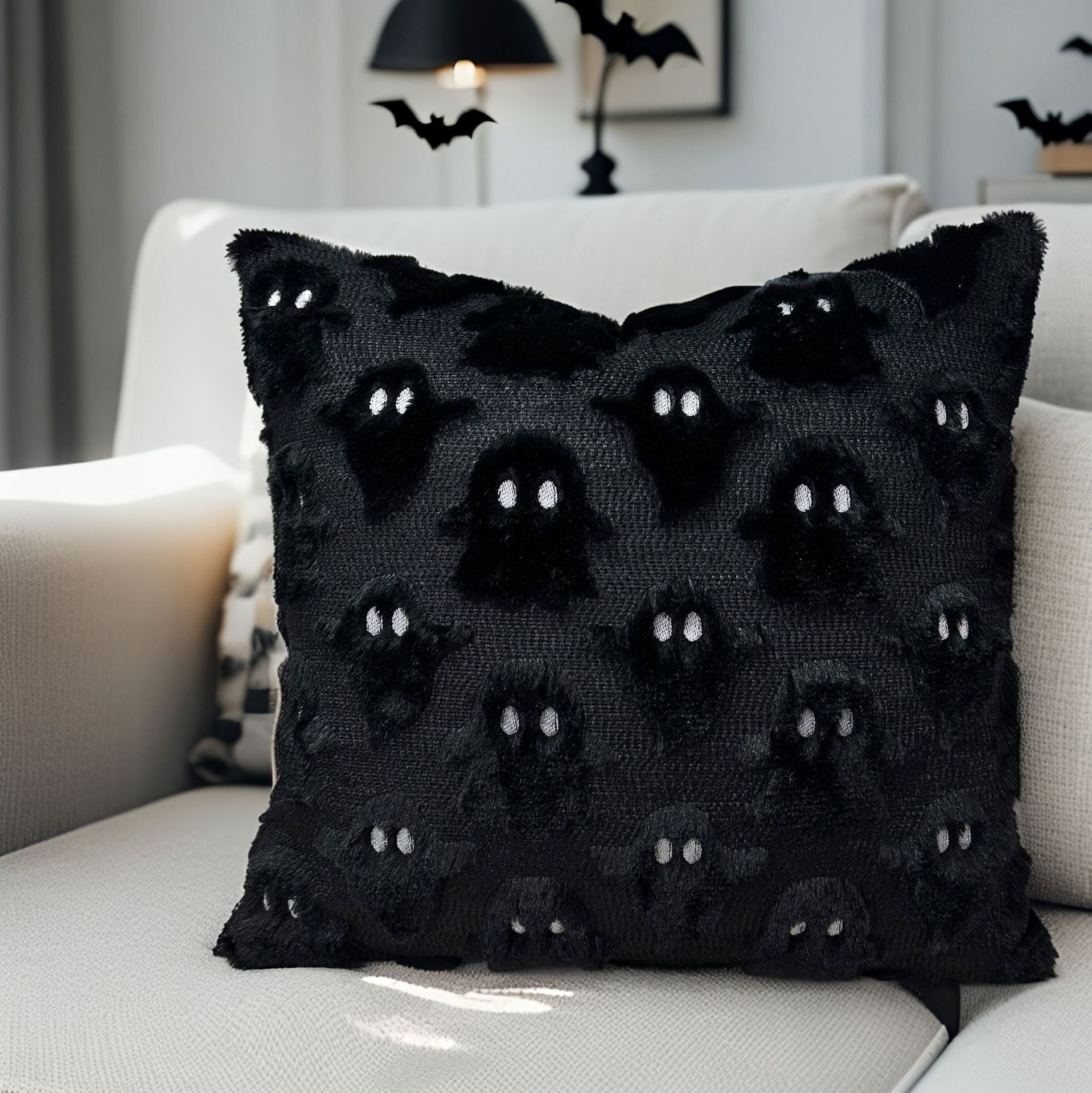 Fodera per cuscino fantasma nero di Halloween, fodera per cuscino morbido in peluche, cuscino per divano, per divani, camere, - 4
