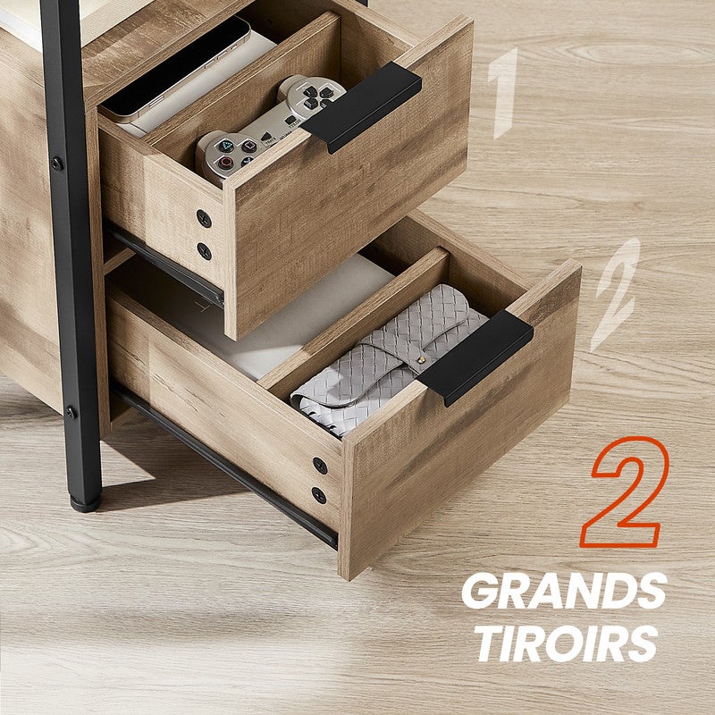 Table d’Appoint avec Prise Intégrée, 2 Tiroirs, pour Salon et Chambre, Marron Camel et Noir - 6