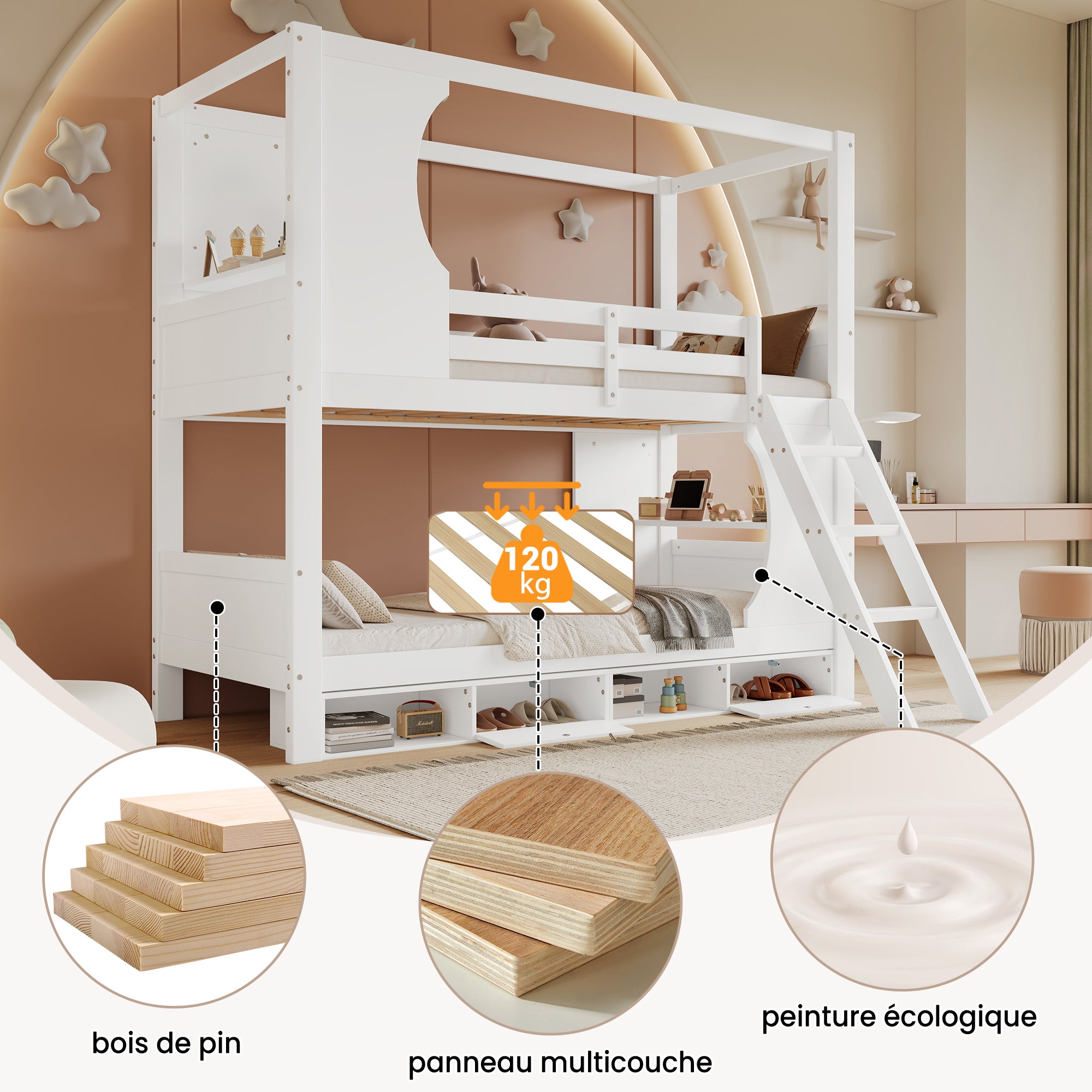 Letto a castello 90x200cm, letto per bambini con sponda di sicurezza, con tavolo, scarpiera con quattro scomparti - 8