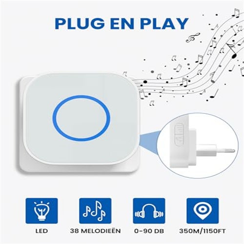 Blanc & Sonnette sans fil, sonnette sans fil étanche IP44, portée de 350 mètres, 38 mélodies, 4 niveaux de volume (0-90 dB), 2 émetteur + 1 récepteur - 2