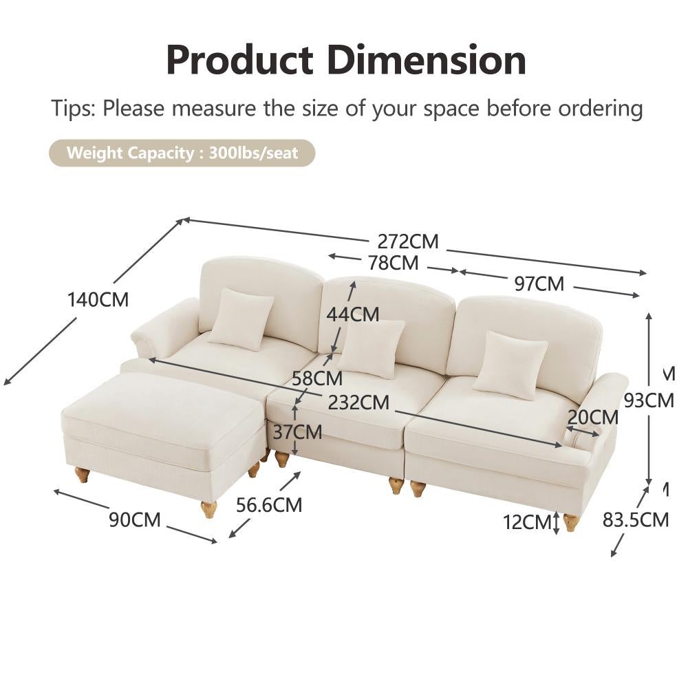 Divano modulare 3 posti a forma di L in chenille con braccioli a tromba, gonna arricciata removibile, gambe sottili e pouf mobile - 3