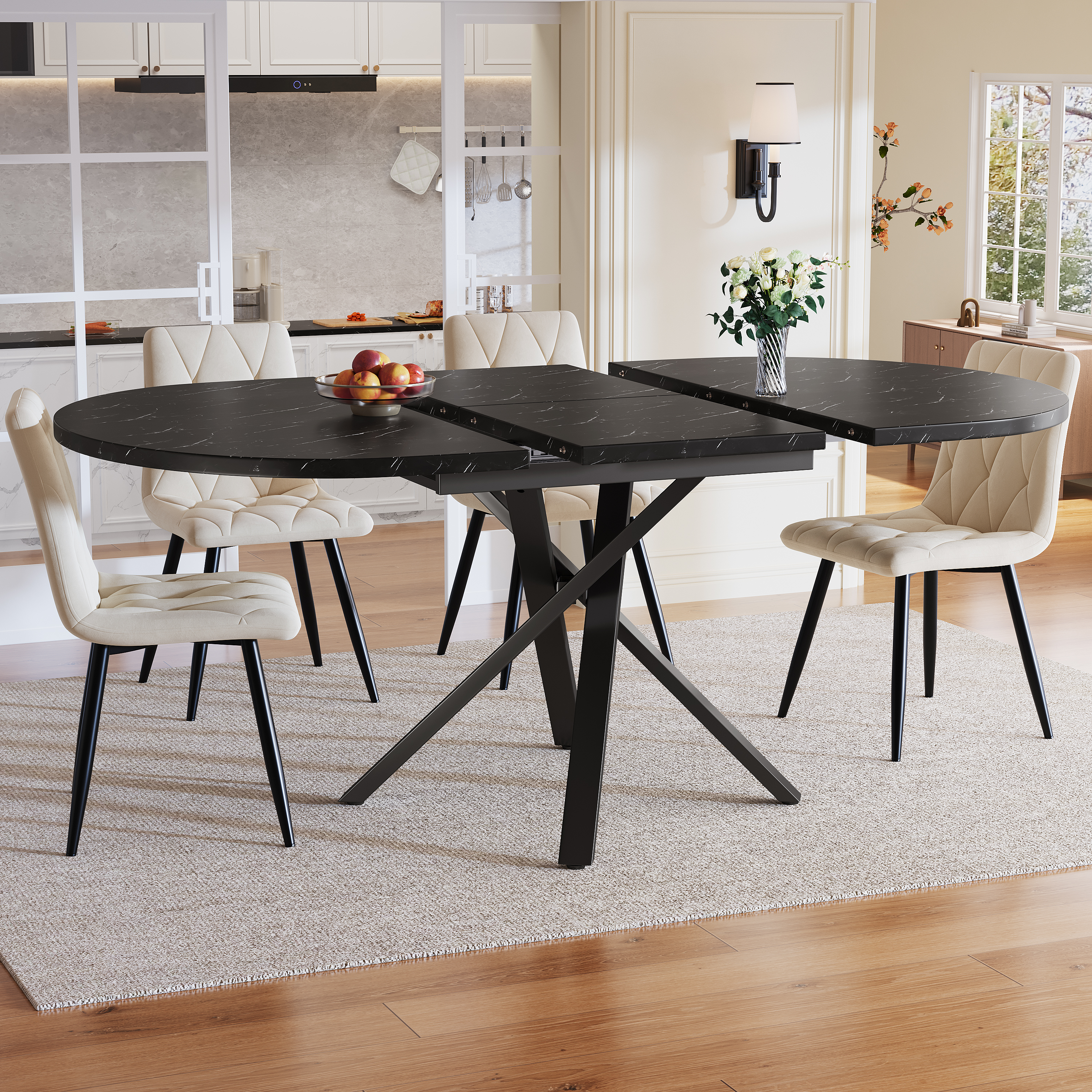 Rozkładany stół i 4 krzesła do jadalni bez podłokietników z beżowego aksamitu - D 100/140 x W 75,5 cm - MDF i nogi metalowe - Czarny