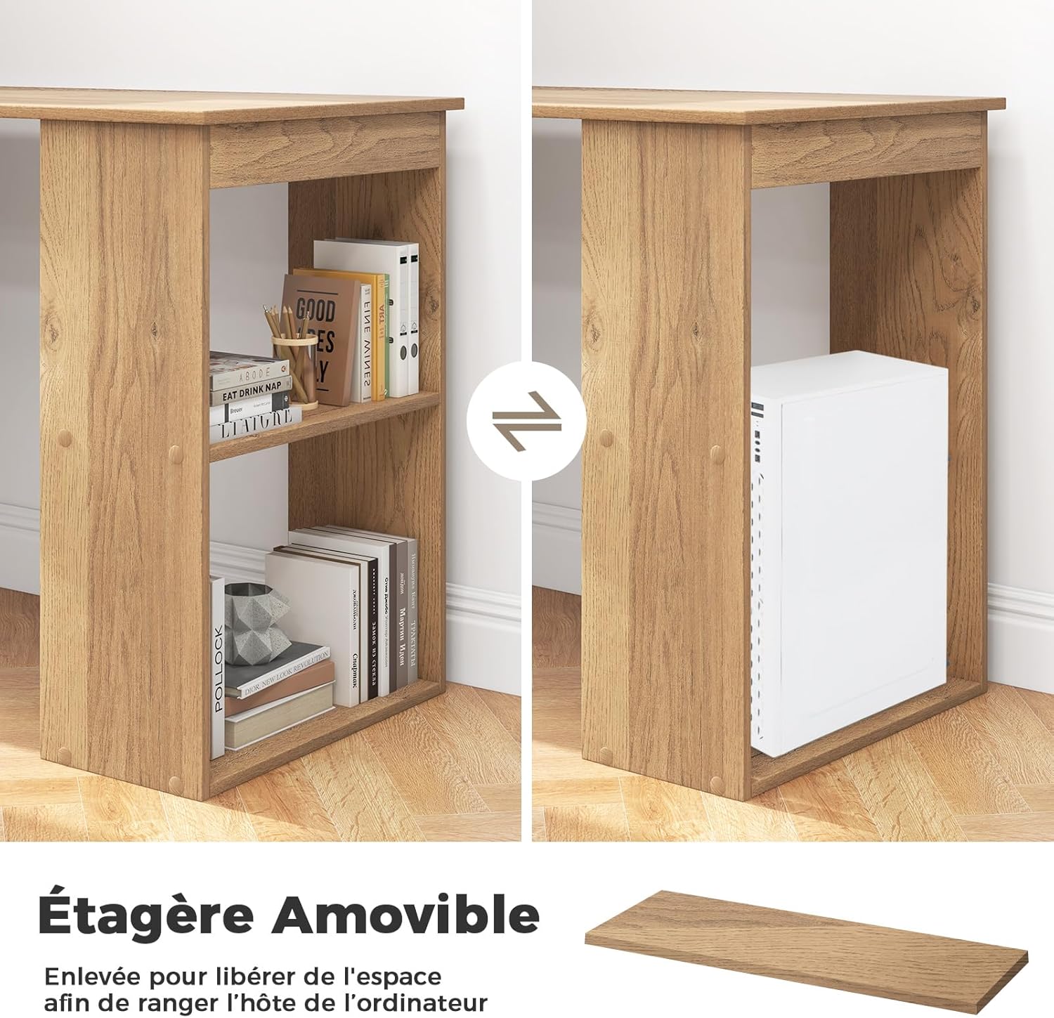 Bureau d'Ordinateur Réversible avec Bibliothèque,Assemblage Facile, pour Maison, Bureaux (Naturel) - 7