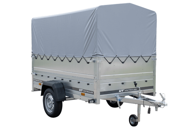 Przyczepka samochodowa Unitrailer na resorach 230x125 GARDEN 230/R KIPP z burtami BIS, stelażem H-800 i pokrowcem szarym 1 szt.