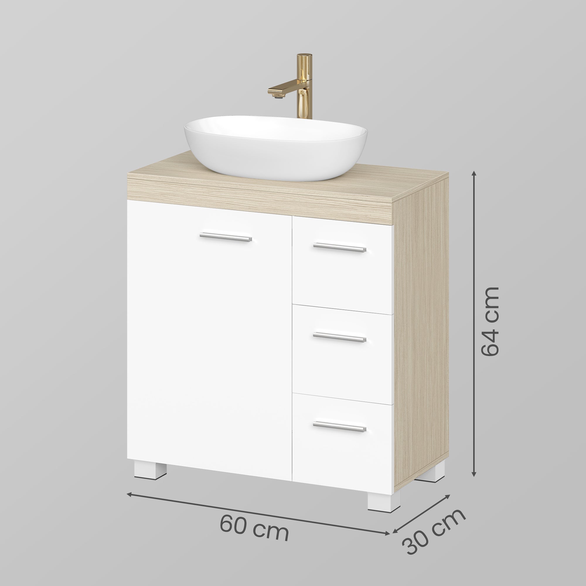 Armoire de Salle de Bain, Meuble Sous Lavabo avec Pieds, 2 Compartiments et 3 Tiroirs, Blanc et Beige - 5