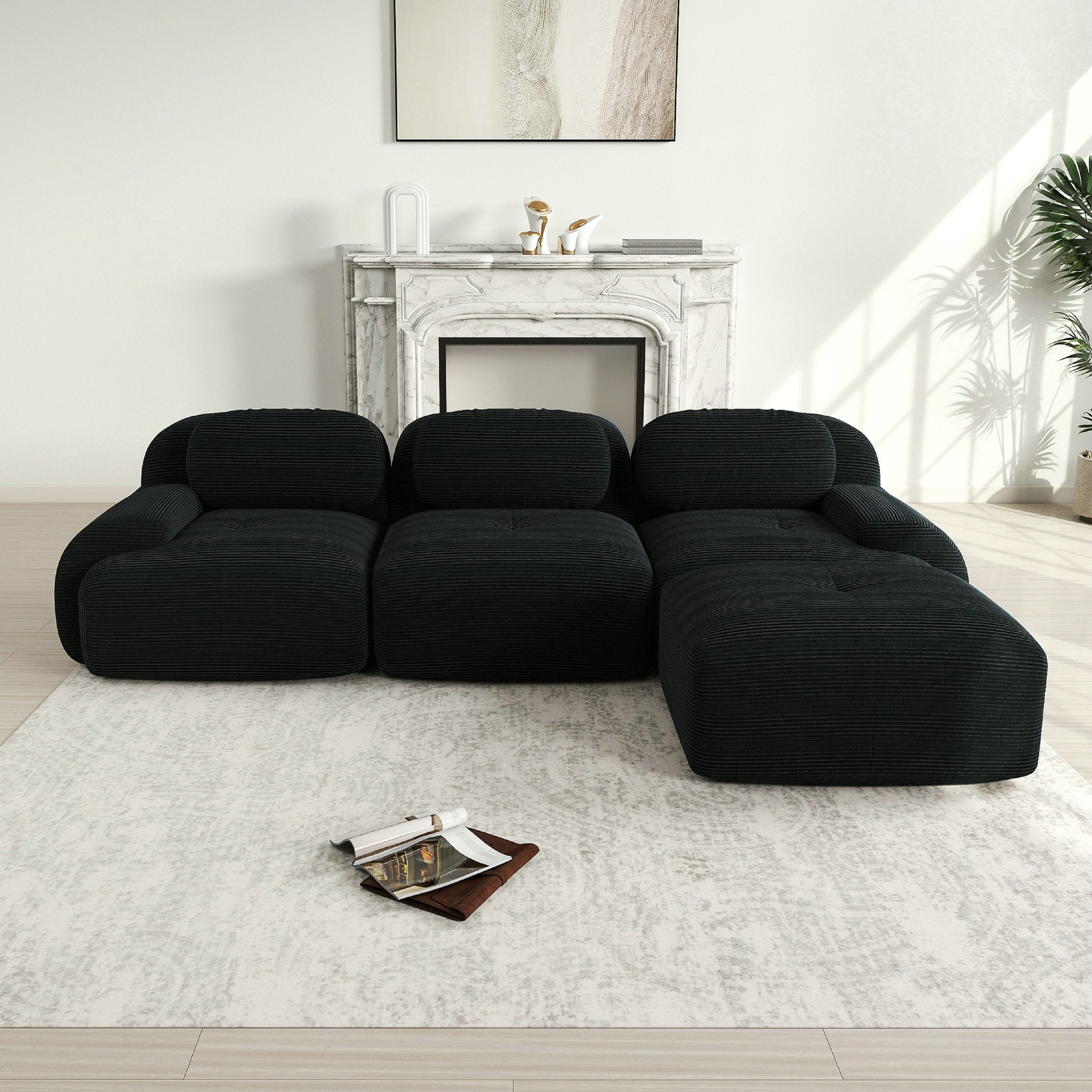Canapé d\'angle modulable 3 places, antidérapant et adapté aux animaux, pieds élargis–tissu velours côtelé respirant-noir - 2