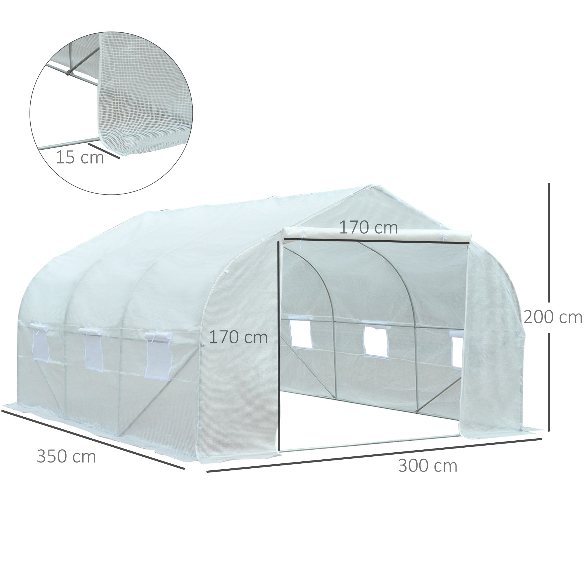 Serre Tunnel de Jardin 10,5 m² dim. 3,5Lx3lx2H m Porte + 6 fenêtres enroulables Acier galvanisé bâche PE Haute densité Blanc - 5