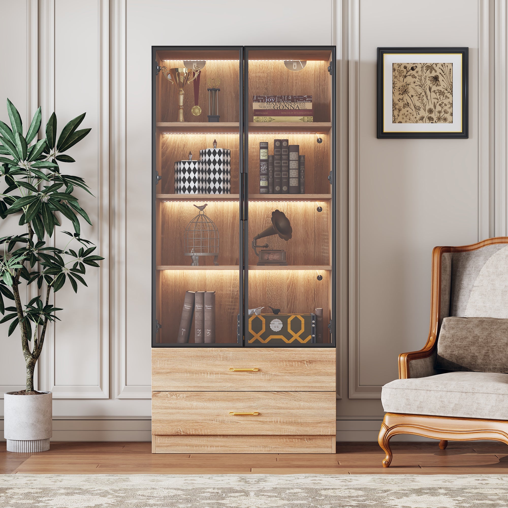 Modernluxe  Vitrina, Mueble De Baño Con Led, 2 Cajones Y 2 Puertas Acristaladas, Natural , Leroy Merlin