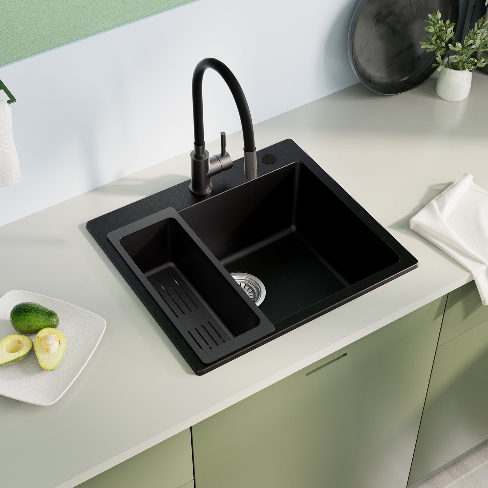 Cecipa max Evier de Cuisine Quartz Noir 50x45cm Evier 1 Bac en Granit, Evier à Encastrer 1 Vasque avec Panier de Vidange - 2