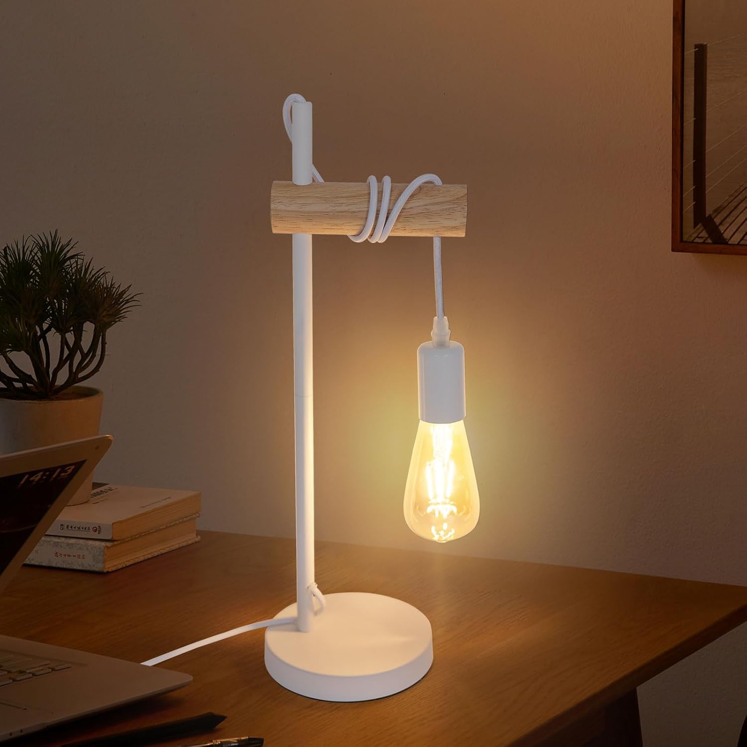 GOECO Lampa biurkowa w stylu vintage wykonana z drewna i metalu z włącznikiem wyłącznikiem idealna do salonu i sypialni żarówka nie jest dołączona