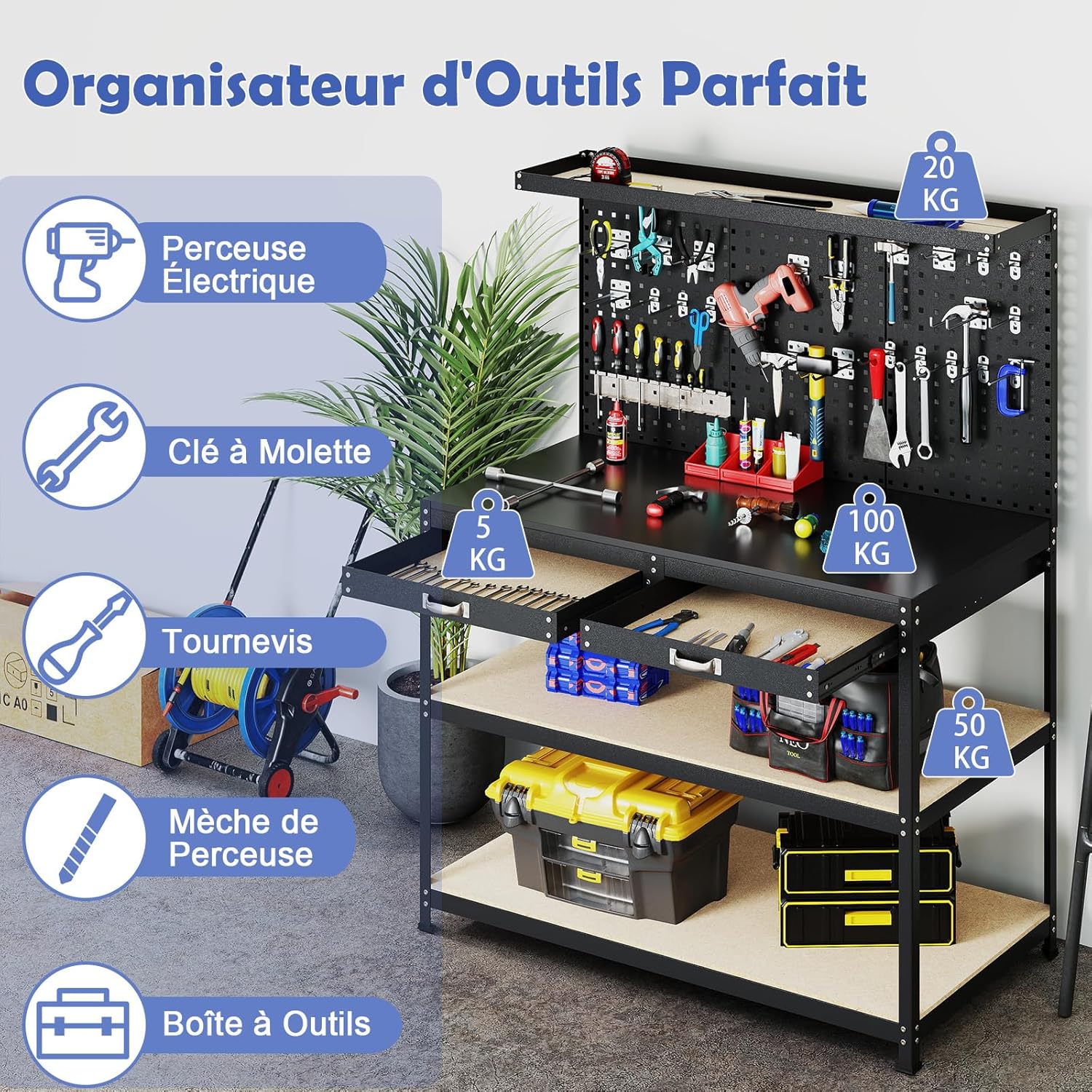 Bancada de Trabalho com Painel Perfurado, Mesa de Trabalho com Gavetas, Prateleiras, 23 Ganchos, Suporte para Chave de Fendas, Carga de 230 kg, 121 x - 3