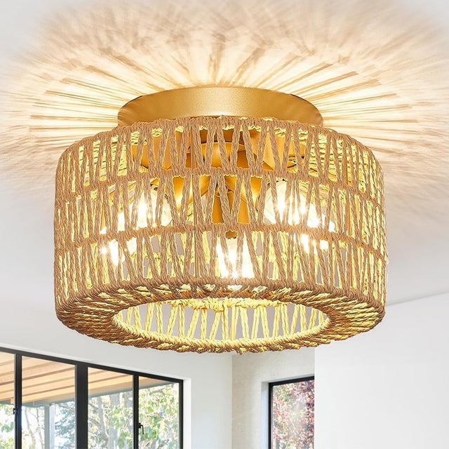 Lustre Suspendu Tressé - Plafonnier Bohème Vintage avec Culot E27 (Sans Ampoule),Ø30cm - Décoration pour Maison, Appartement