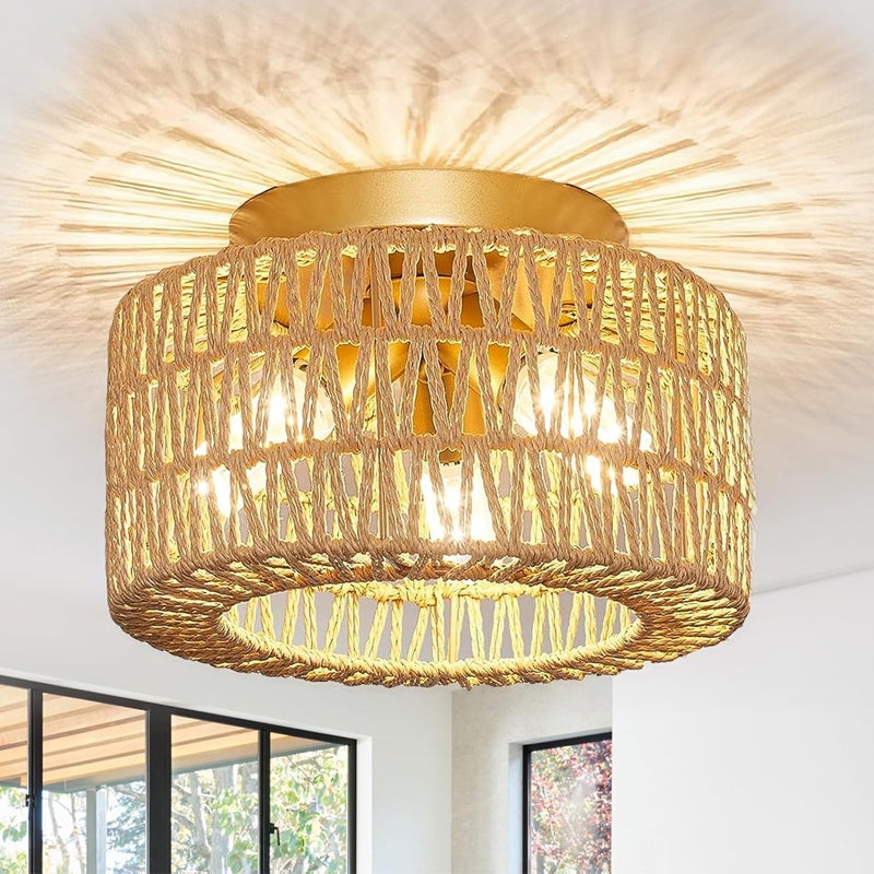 Plafon, Żyrandol Sufitowy - Naturalny Pleciony Abażur w Stylu Boho, Ø30cm - E27 (Żarówka Nie Jest Dołączona) - Do Sypialni, Salonu, Jadalni
