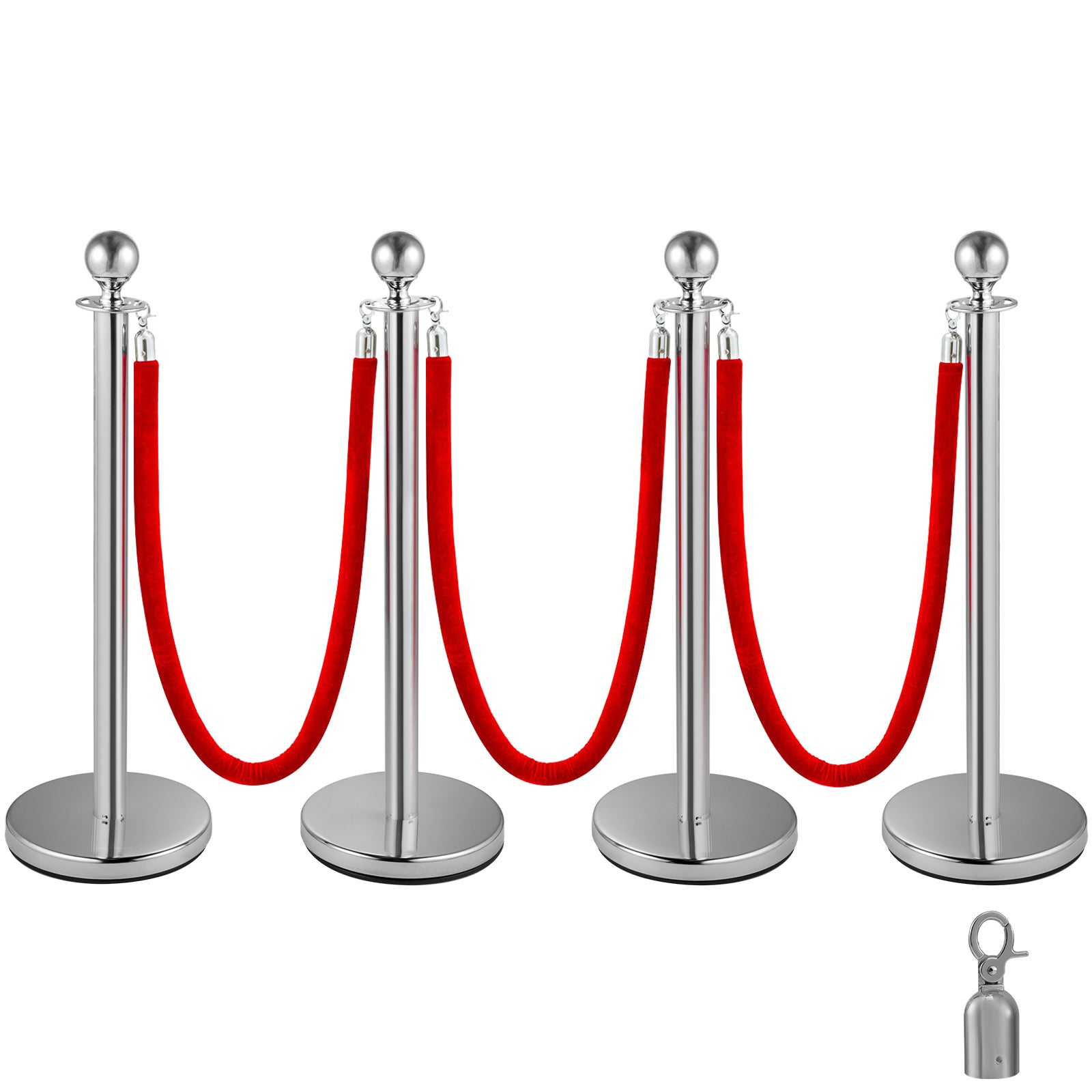 Lot de SucceBuy 4 poteaux rétractables ronds argentés avec corde en velours rouge de 1,5 m,contrôle des foules,métal. - 3