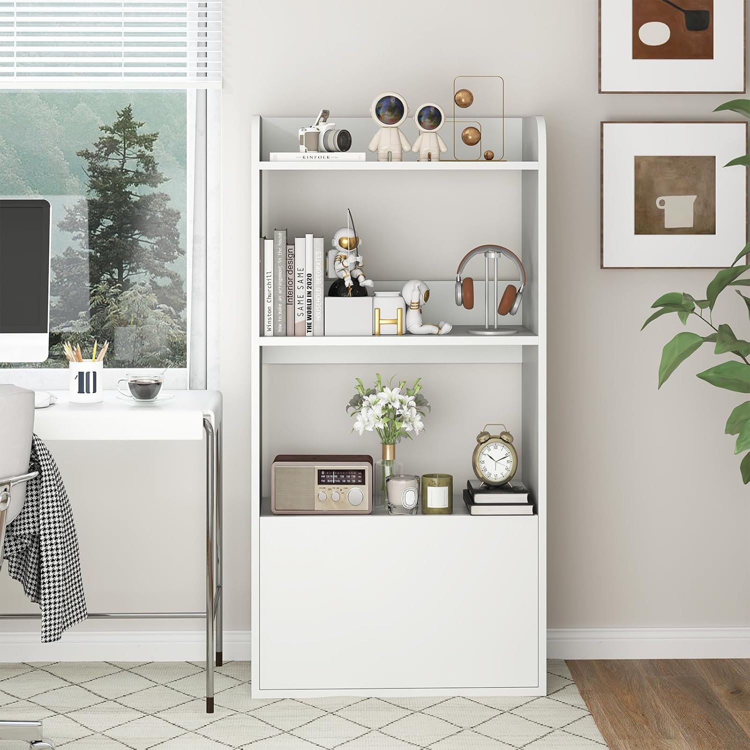 Libreria Aperta a 3 Ripiani, Scaffale Salvaspazio in Legno con Cassetto, Scaffale Portaoggetti Espositivo per Camera da Letto, Soggiorno, Cuci - 4