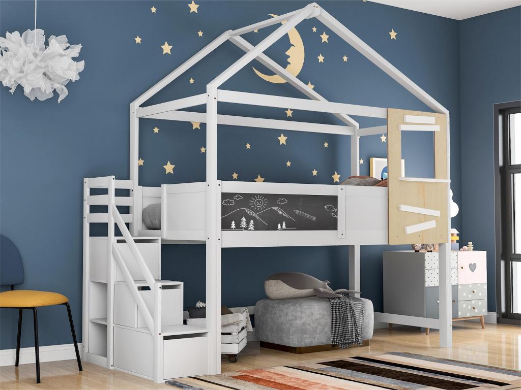Lit Mezzanine Enfant 90x200 Avec Escalier Rangement Et Bureau - En Bois Massif, Blanc, Capacité 120kg