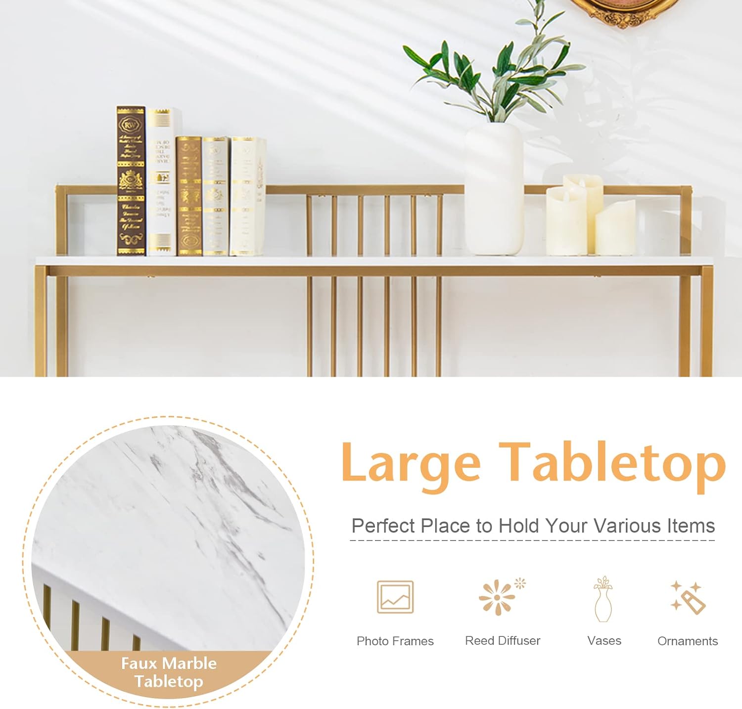 Consolas e mesas de sofá, com hastes reforçadas, armário para guardar objetos para sala de estar e entrada, 120x32,5x88 cm, branco e dourado - 4