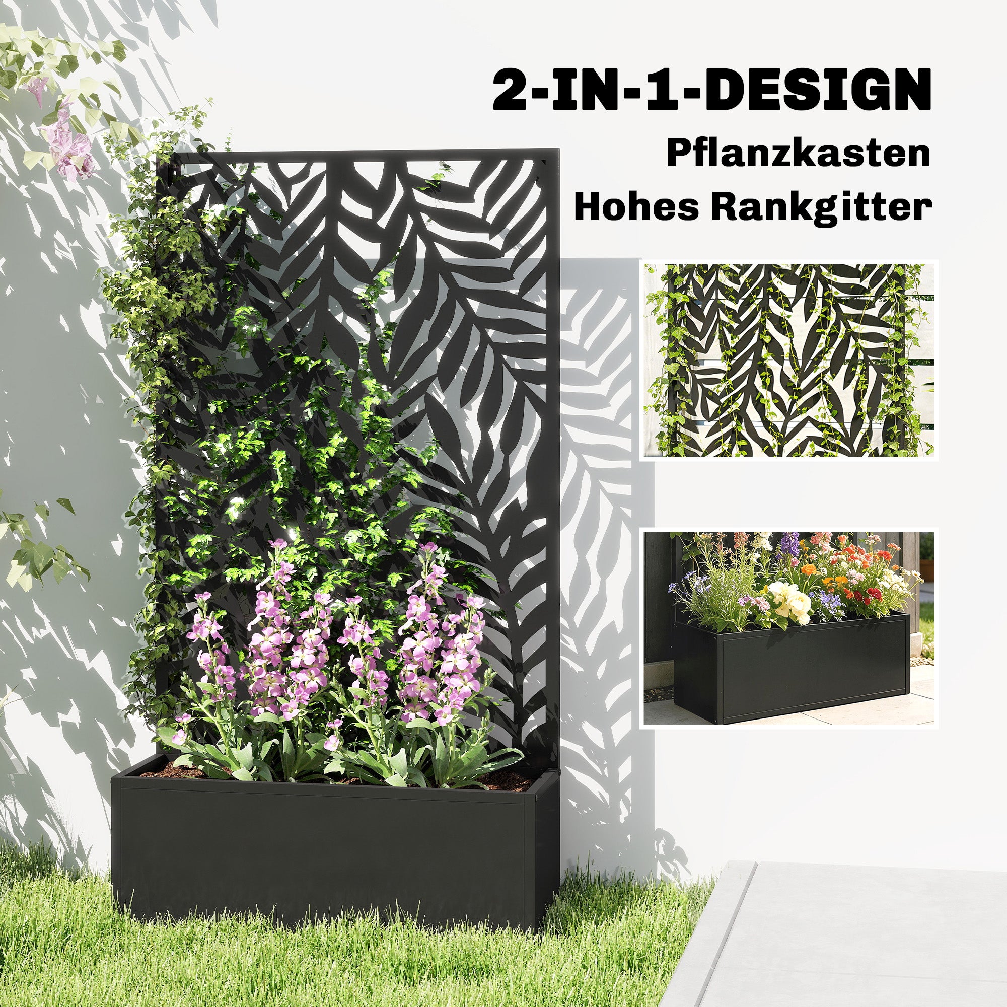 Jardinière avec paravent de confidentialité Jardinière avec treillis Motifs de feuilles tropicales 61 x 23 x 113 cm Noir - 6