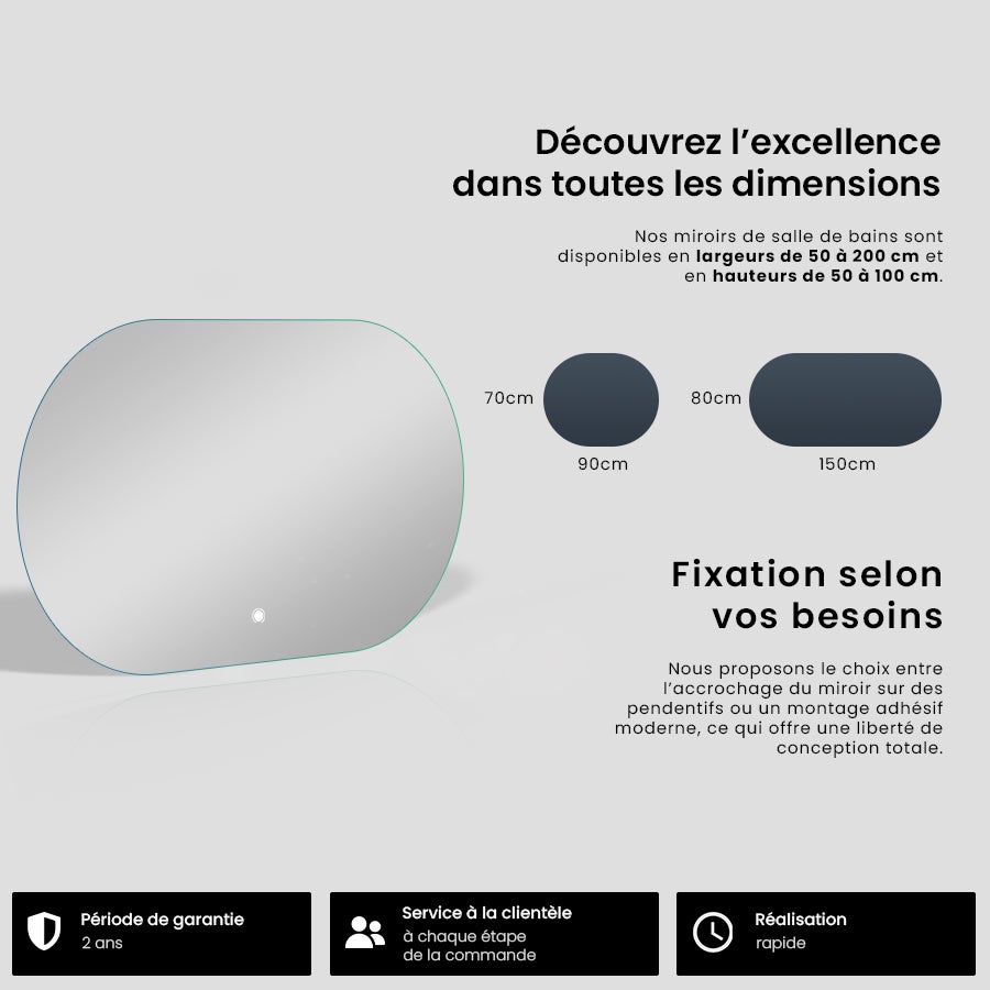 Miroir avec LED Illumination Salle de Bain - Ariana | 140x90 cm | Blanc Froid 7000K | Interrupteur Tactile - 7