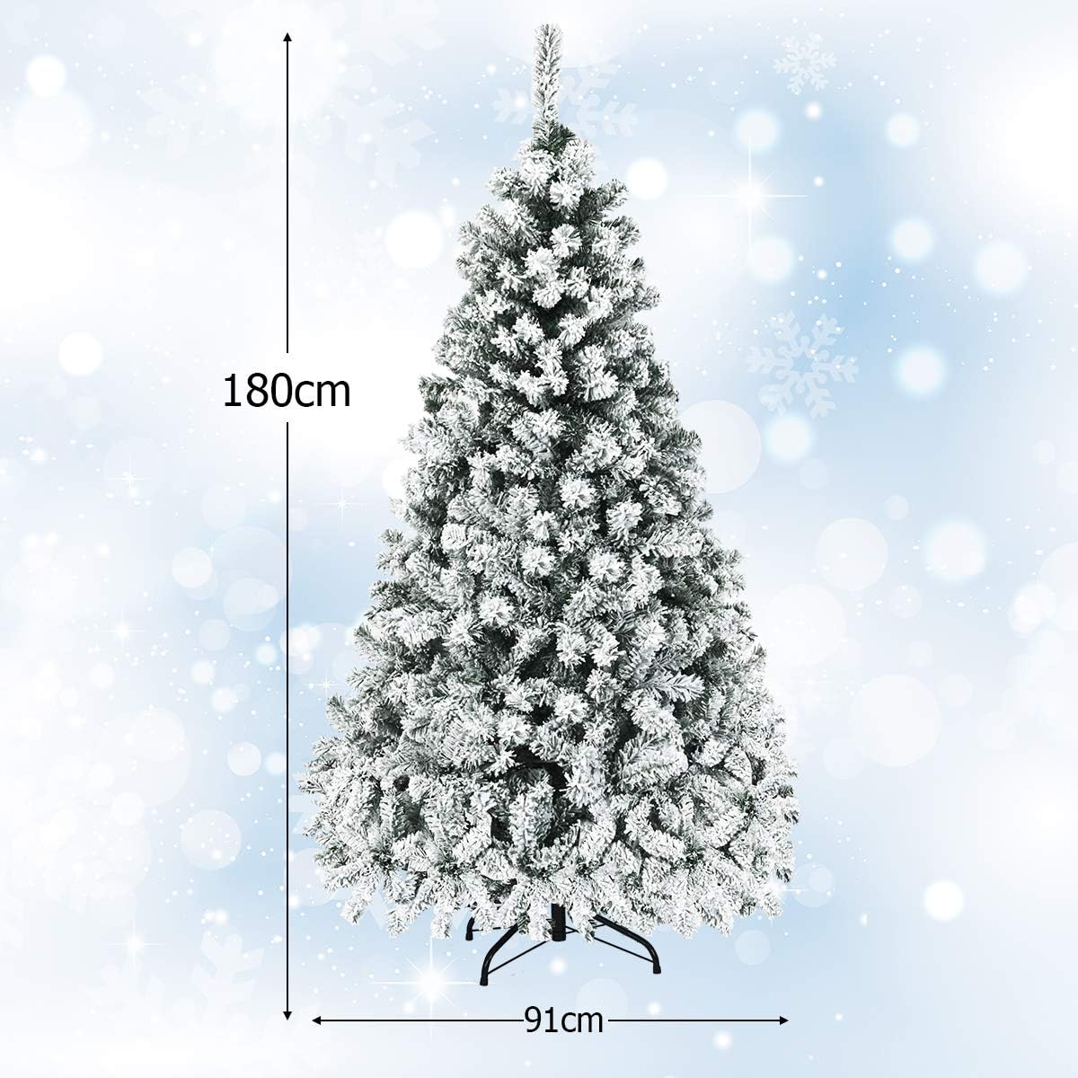 180cm Árbol de Navidad Flocado con 250 Luces LED, 600 ramas de PVC ignífugo con apertura automática, base de metal, blanco - 7