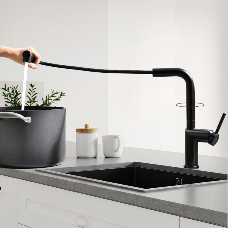 LOVHAUS Bateria Kuchenna Czarna, Bateria Zlewozmywakowa Wysokociśnieniowa z Obrotem o 360° i Wyciąganą Wylewką, Bateria Mieszająca Jednouchwytowa