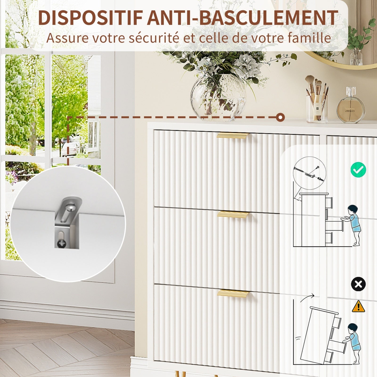 Commode 4 Tiroirs Style Contemporain, Poignées et Pieds en Métal Doré, 91 x 34 x 60 cm, Blanc, pour Chambre et Salon - 7