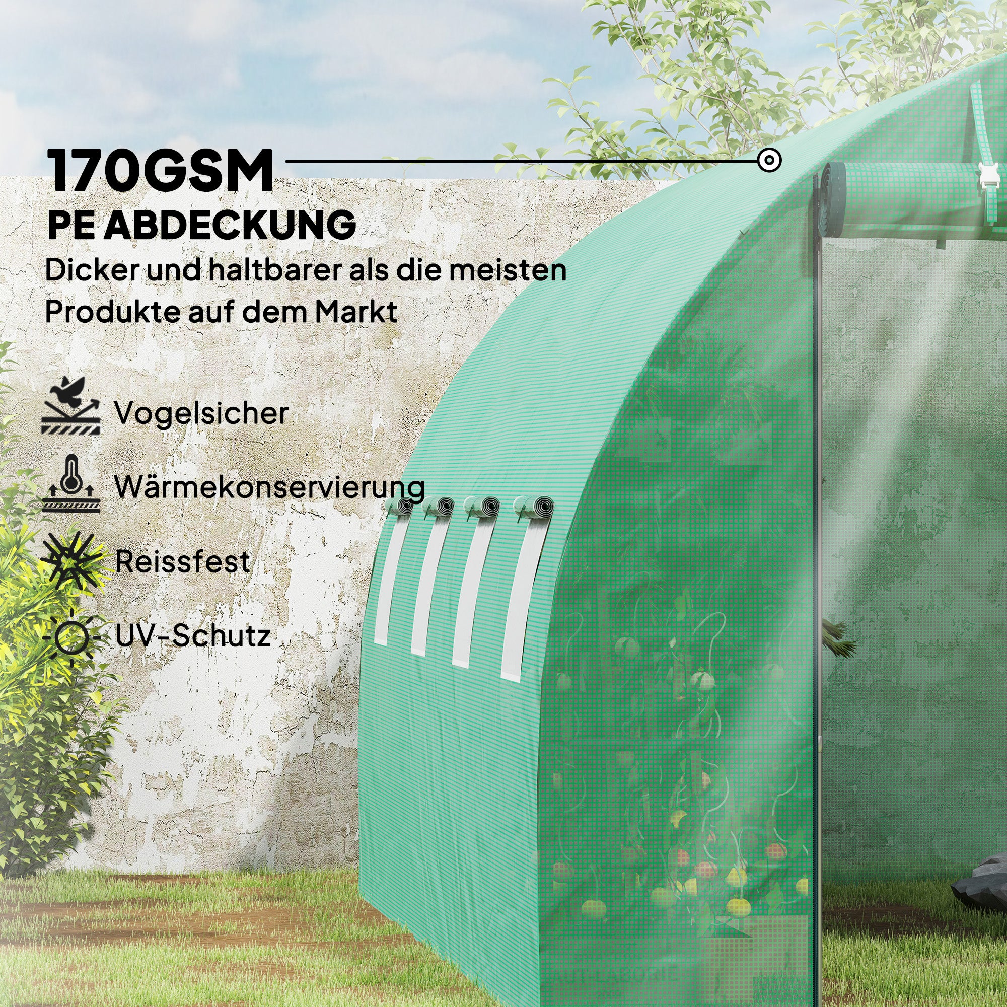 Serre tunnel en polyéthylène avec couverture plastique et structure en acier, tente de serre accessible à pied avec portes enroulables, verte - 5