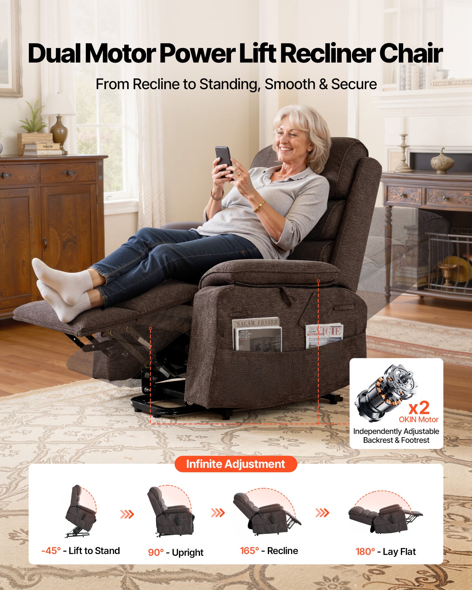 Fauteuil Releveur Électrique VEVOR, Double Moteur, Fauteuil de Relaxation avec Fonction Chauffante et Massage, pour Personnes Âgées, Télécommande - 2