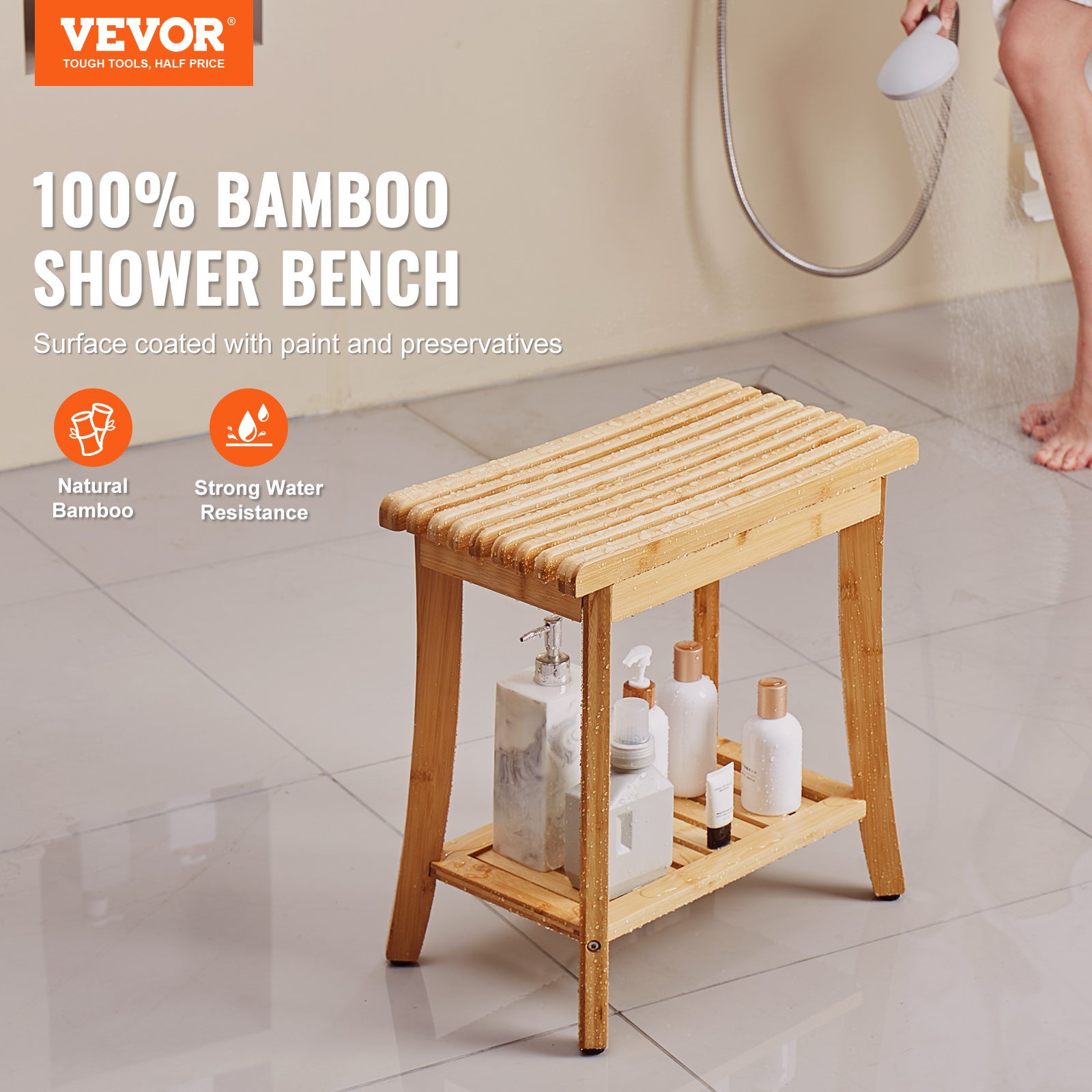 Sgabello Per WC In Bambù Massello, Altezza Regolabile 17,8-22,9 Cm, Antiscivolo E Impermeabile, Portata 100 Kg, 45x24,4x25,9 Cm