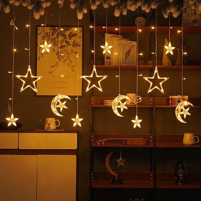 Guirlande lumineuse LED Star Moon, rideau lumineux de Noël de 3,5 m avec télécommande, décorations de Noël, 8 modes d'éclairage, blanc chaud - 7