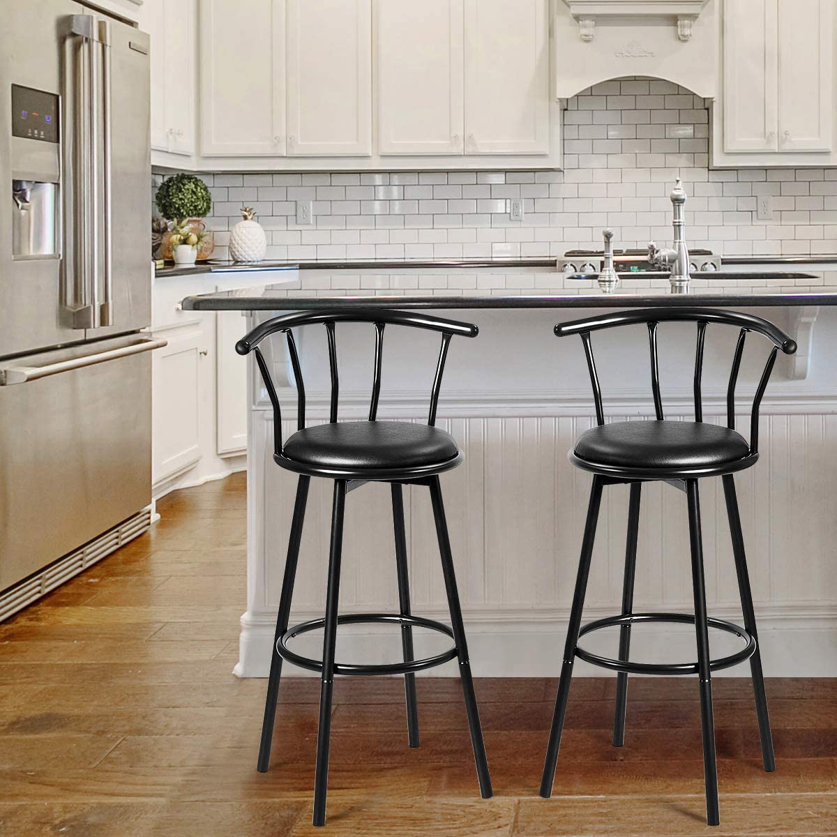 Stołek barowy, zestaw 2 szt., krzesło barowe z oparciem i podnóżkiem, obracane o 360°, stołek barowy, stołek barowy, stołek kuchenny, metalowy - 2