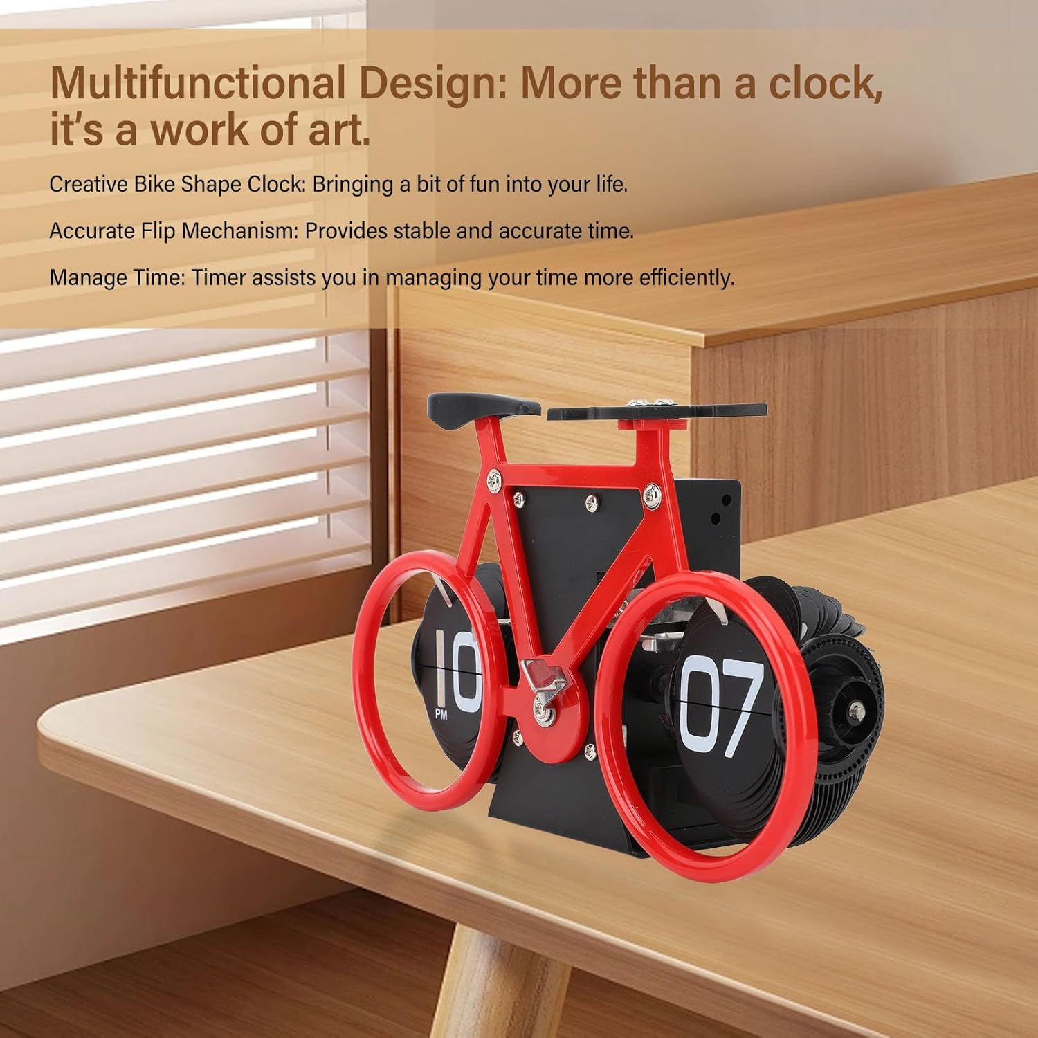 Horloge de table en forme de vélo, horloge à rotation automatique des pages, horloge décorative rétro, horloge à rotation simple des pages (rouge) - 2