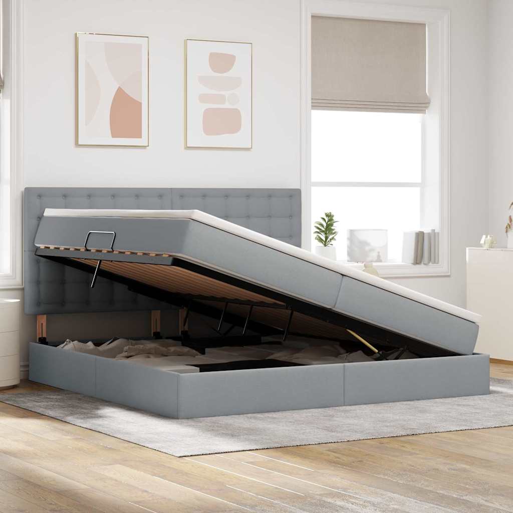 Lit avec rangement et matelas Gris clair 200 x 200 cm tissu - 4