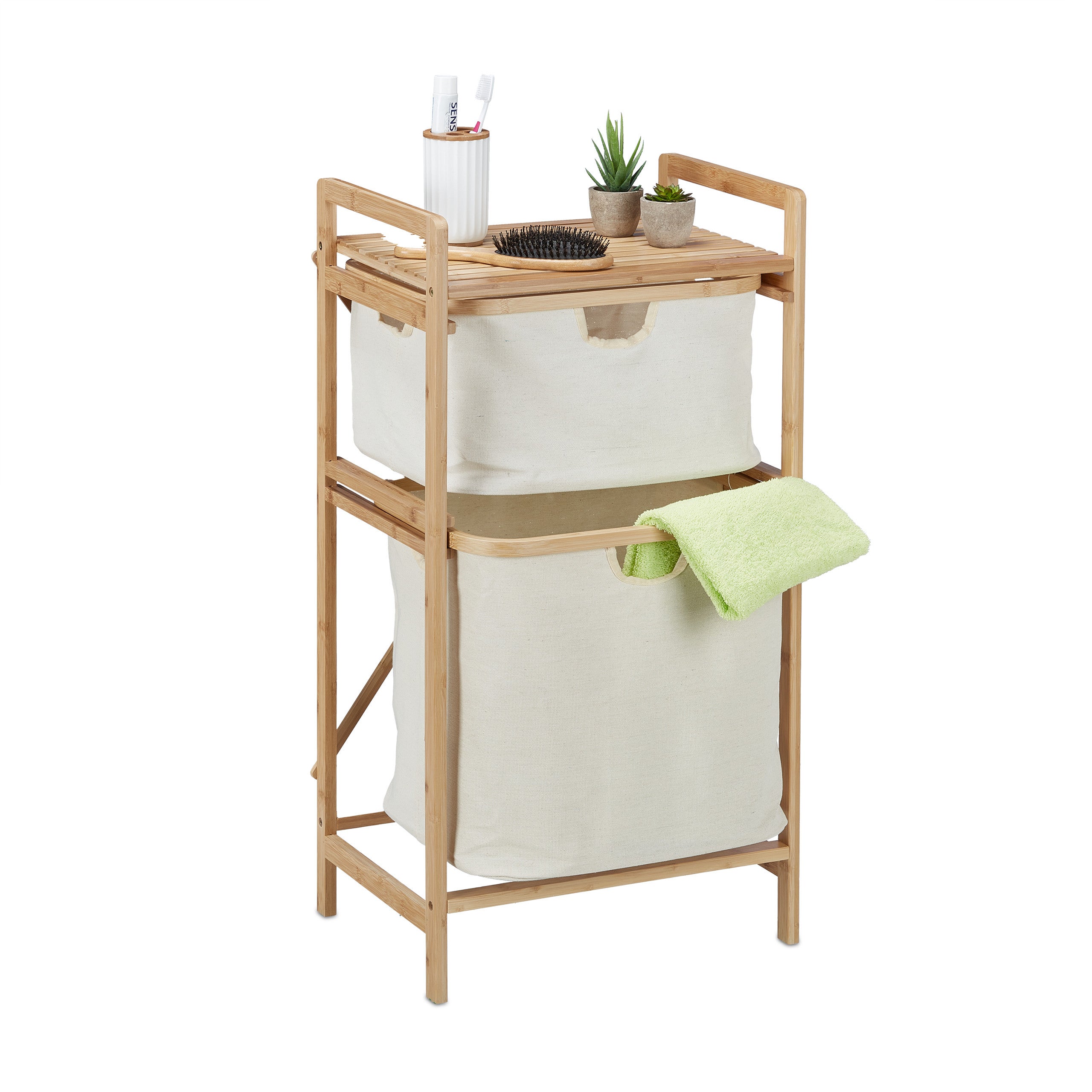 Organizador De Ropa Edge - Estantería De Bambú Con Cesta Plegable, 40x30x90 Cm, 2 Baldas, Ideal Baño O Dormitorio, Sistema Clasificación Lavado