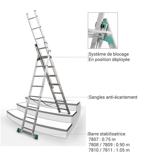 Echelle transformable 3 plans 3x12 barreaux - Longueur max. 7.96m - Sol plat - 7812 - 6