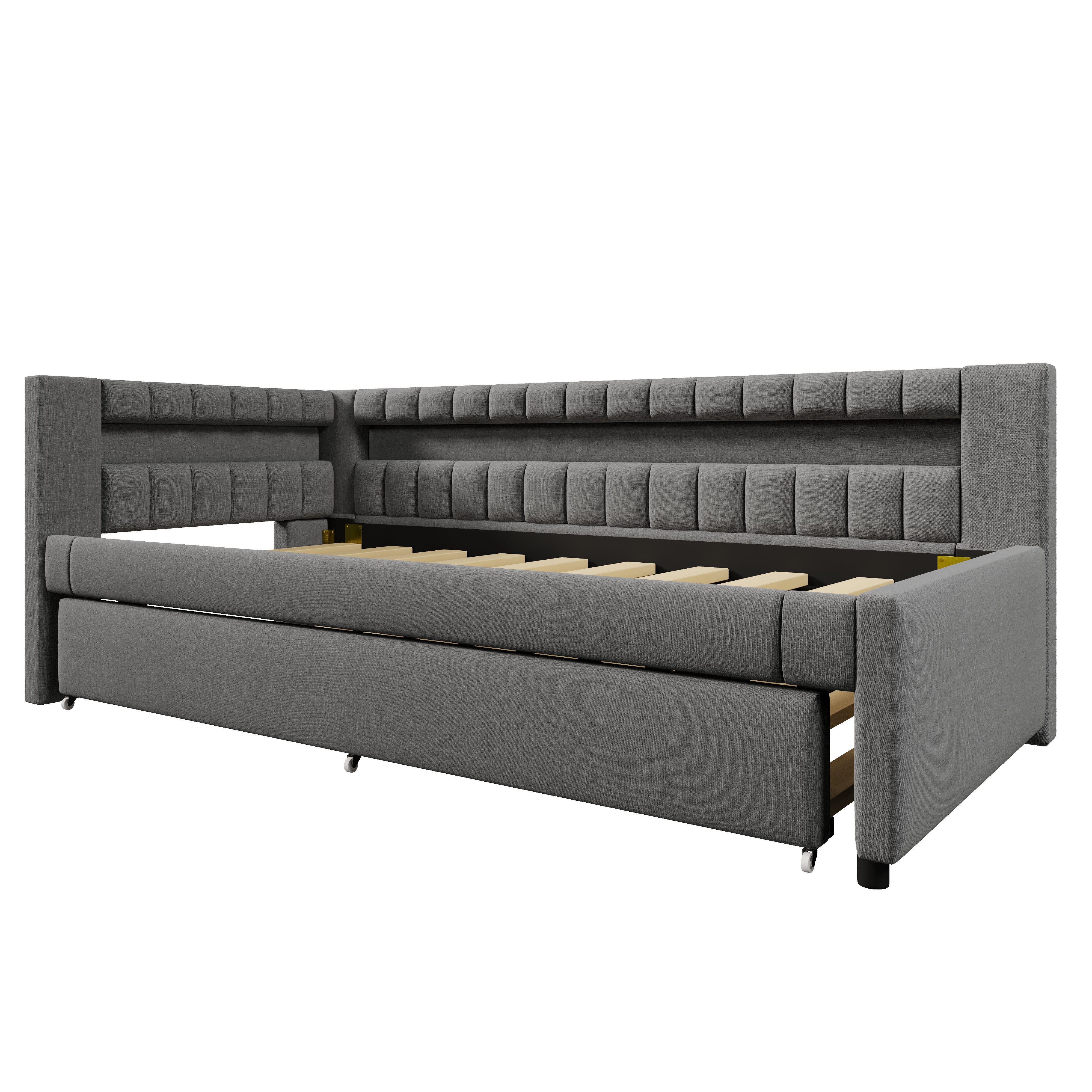 Cama nido para adultos de lino 90 × 200 cm con barra luminosa LED, sofá cama 2 en 1 con somier de láminas, USB + TYPE-C, Gris (sin colchón) - 9