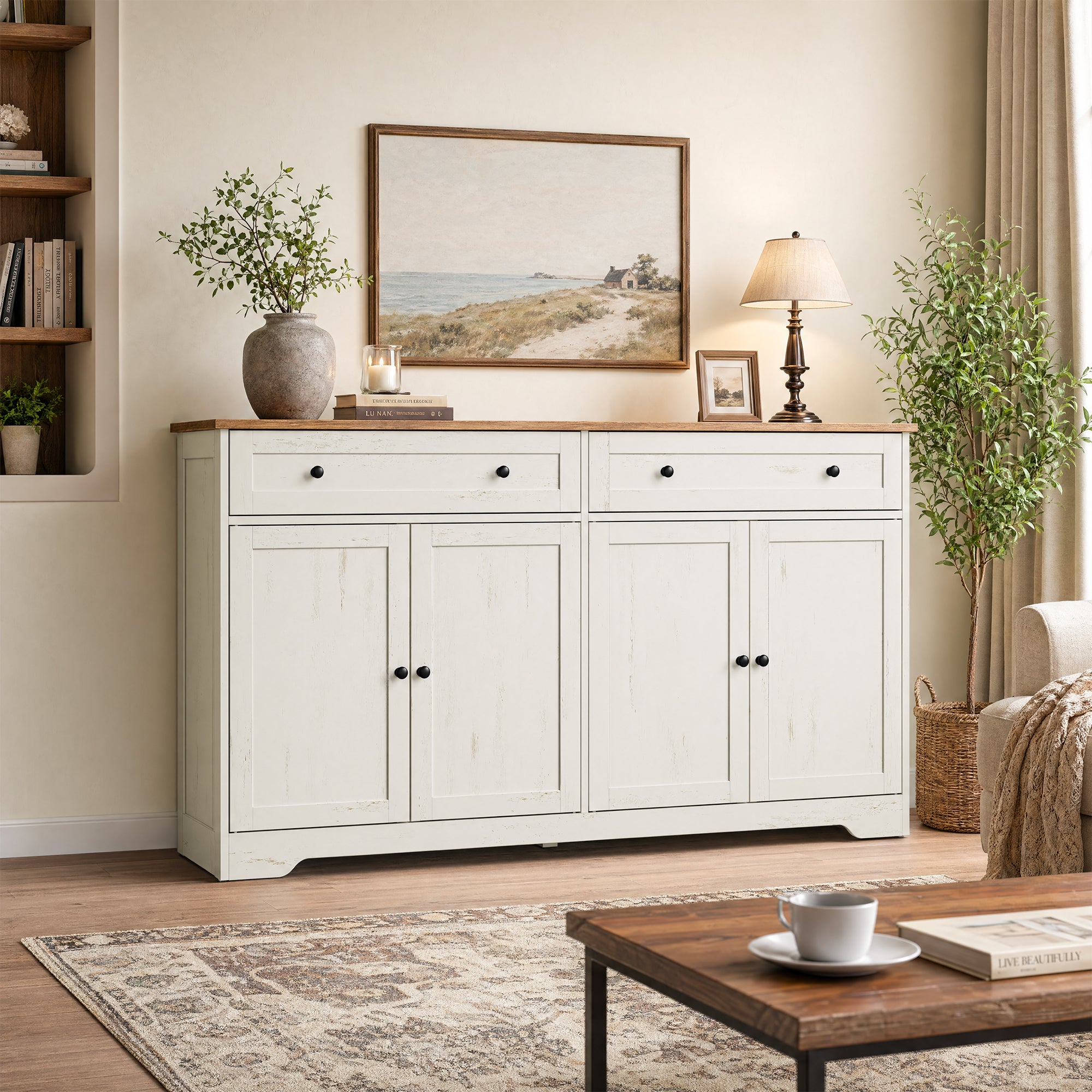 Buffet de Cuisine avec Étagères Réglables, 2 Tiroirs, 4 Portes, pour Salle à Manger, Style Maison de Campagne, Blanc - 2