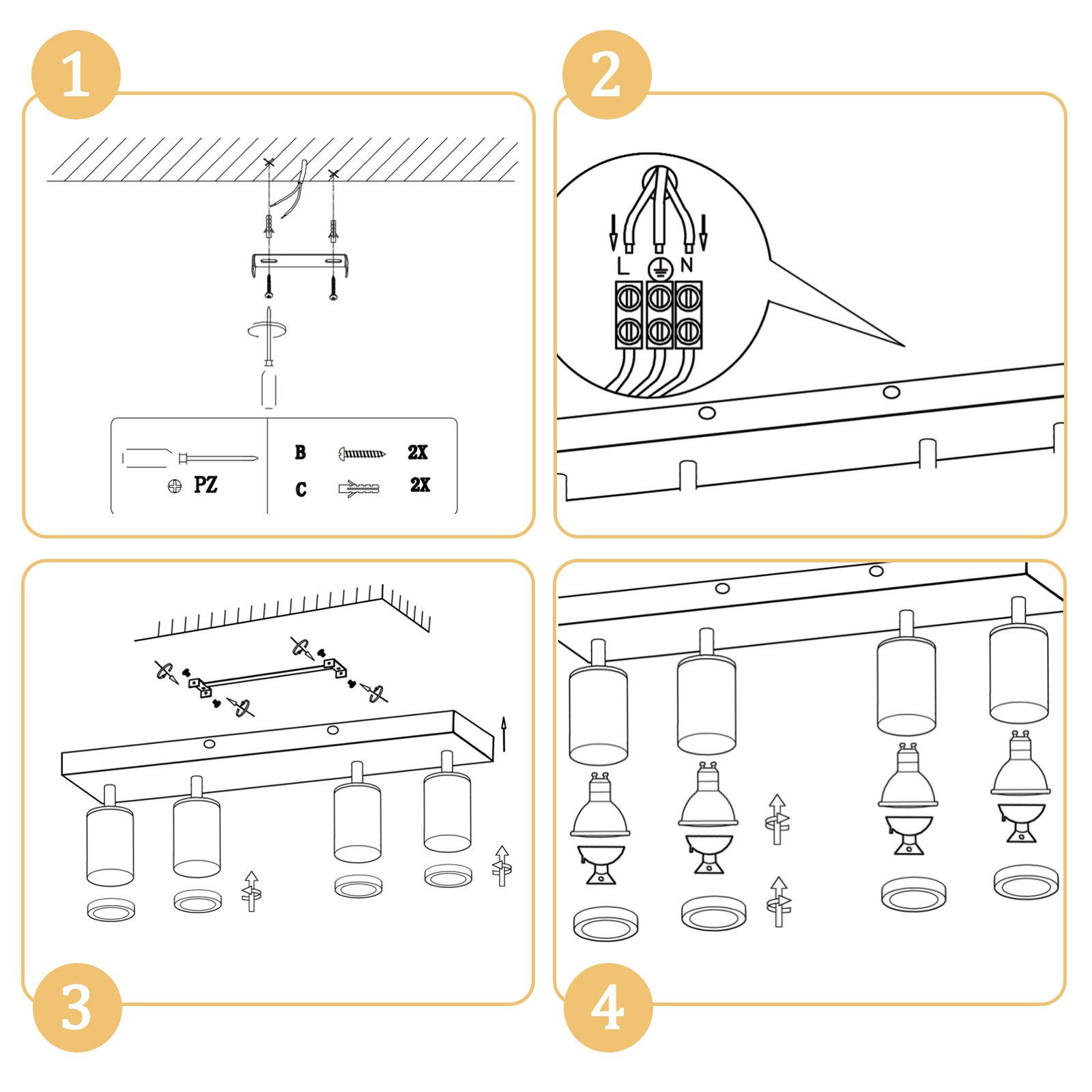 ZMH Foco de techo LED de 4 llamas GU10 madera-acrílico Lámpara de techo giratoria 350° Salón - 8