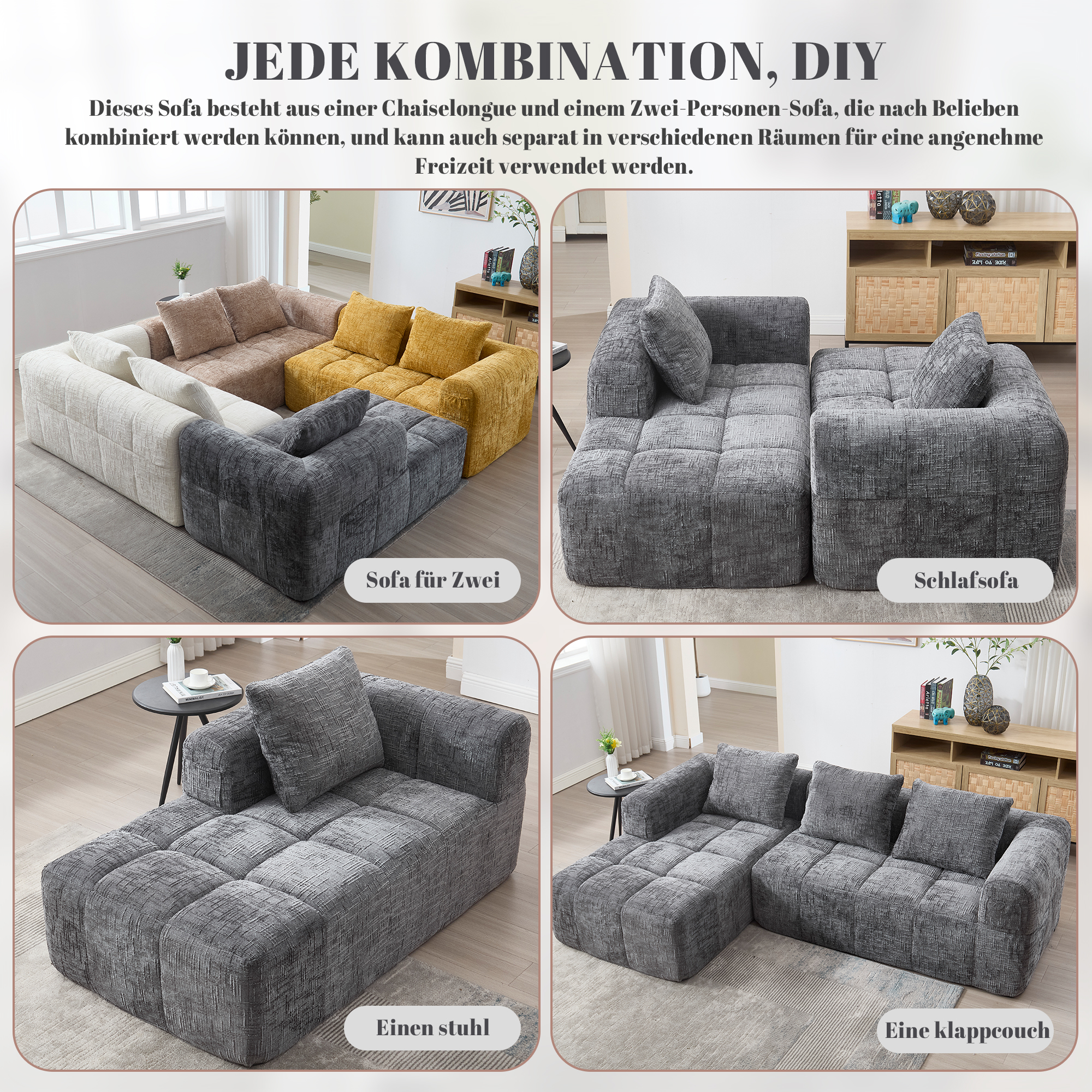 Canapé d'angle 3 places - Style moderne en chenille avec chauffeuse 3 coussins et poche pour télécommande gris - 4