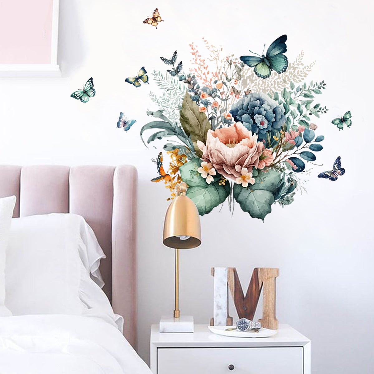 Magnifiques autocollants muraux amovibles en vinyle pour salon, chambre à coucher, chambre d'enfant, pivoine, rose, papillon, vert foncé - 3