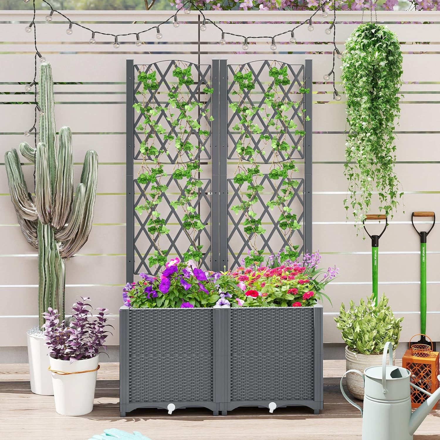 Jardinière avec Treillis sur Pied, Double Bac de Plantation Auto-arrosage en Rotin PP avec Trou de Drainage, Fleurs, Gris, 80 x 40 x 140 cm - 9