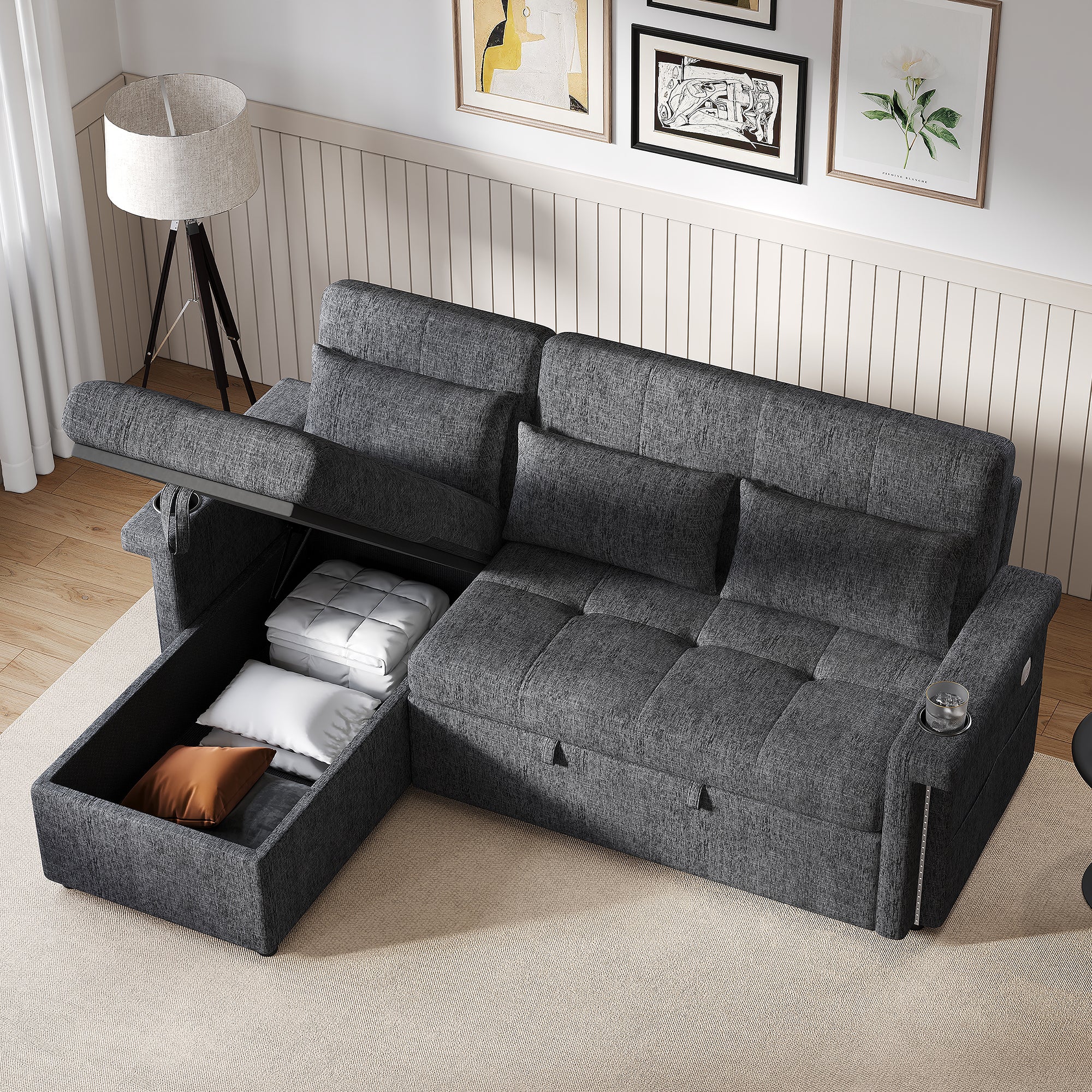 Narożnik 3-osobowy z funkcją spania, regulowanym oparciem i diodami LED - 209 x 141,5 x 90 cm - Tkanina szenilowa - Beżowy - 5