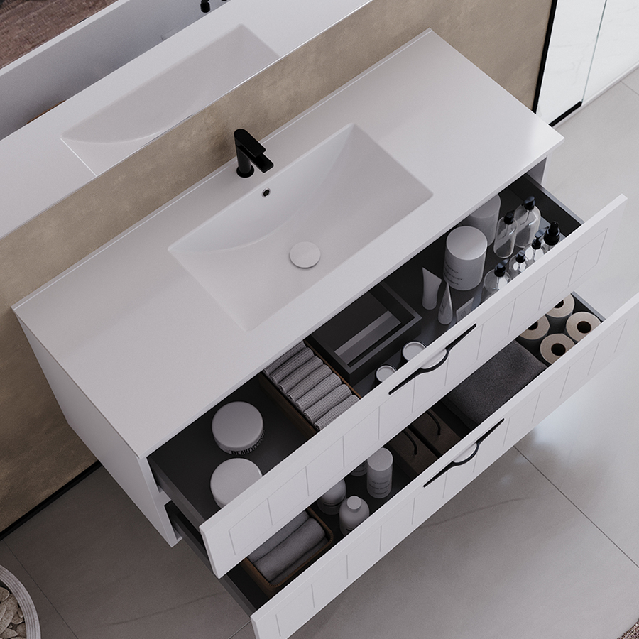 Meuble de salle de bain 120cm simple vasque - 2 tiroirs - sans miroir - blanc - PIA - 3