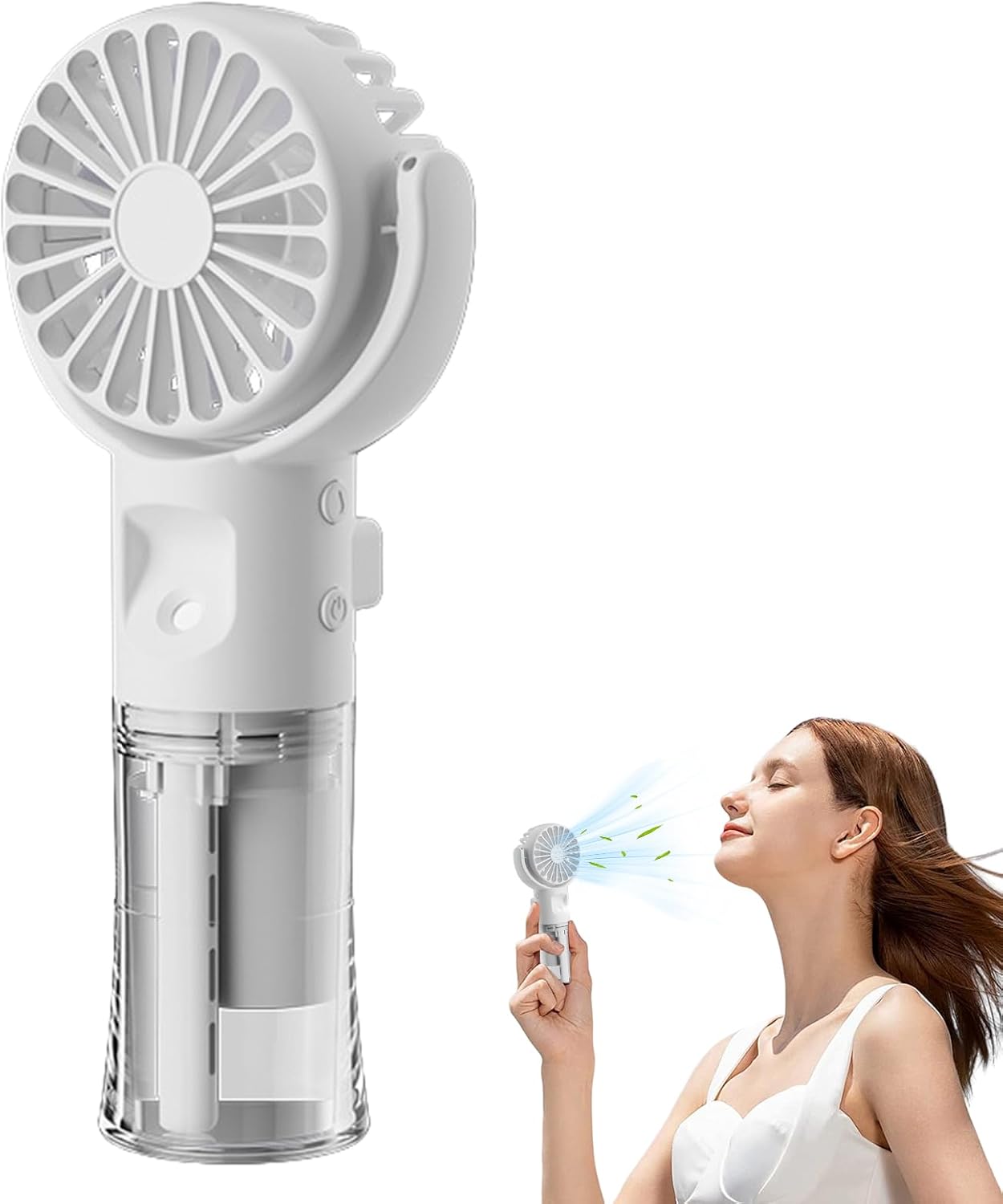 Przenośny wentylator z mgiełką | Akumulatorowy wentylator ręczny – 4 prędkości Przenośna lodówka turystyczna, plecakowa, biała