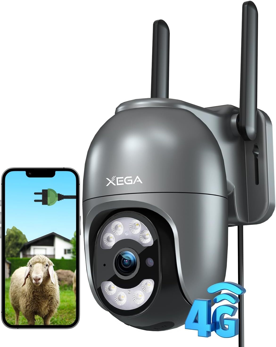 Xega 2K Kamera Nadzoru 4G LTE z kartą SIM, nagrywanie ciągłe 24/7, detekcja człowieka/ruchu, automatyczne śledzenie, reflektor i syrena