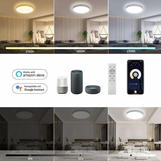 Plafoniera LED Soffitto 24W, Regolabile 2700K-6500K Dimmerabile, Smart cambia colore, con 16 milioni di colori, compatibile con Alexa & Google Assistant, per Camere da letto, Soggiorni, Cucina Plafoniera LED Soffitto 24W, Regolabile 2700K-6500K Dimmerabile, Smart cambia colore, con 16 milioni di colori, compatibile con Alexa & Google Assistant, per Camere da letto, Soggiorni, Cucina