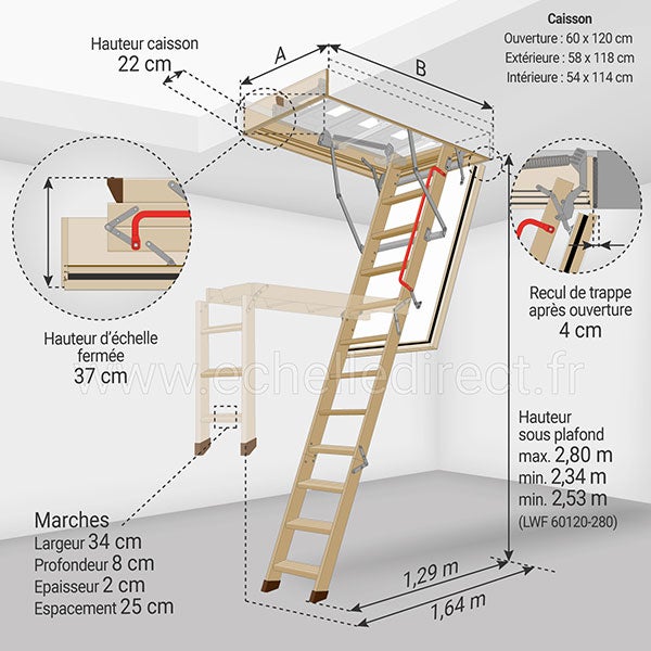 Echelle coupe feu 60min avec trappe de 60x120cm - Hauteur de 2.53 à 2.80m - LWF60/60120-280 - 2