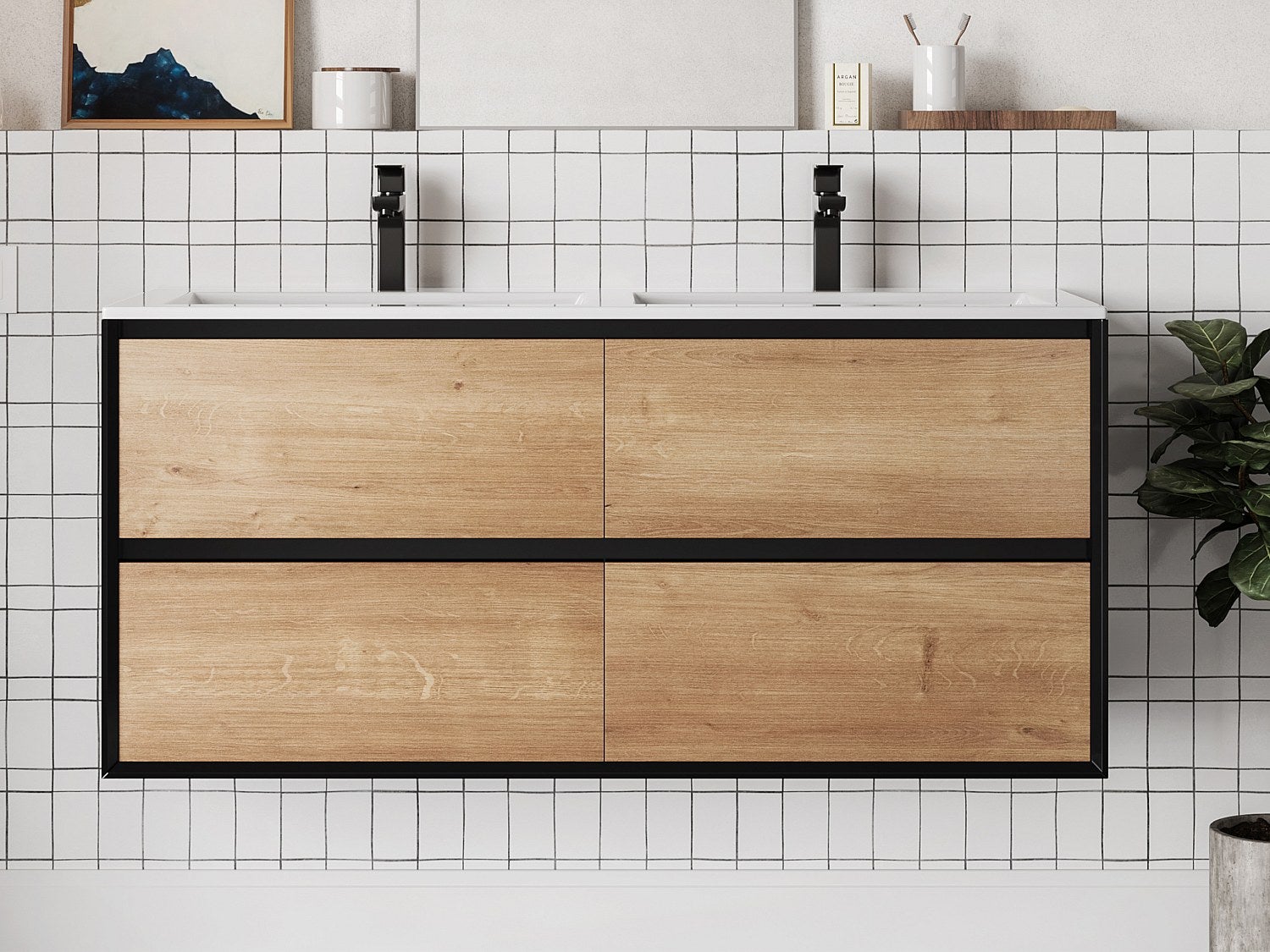 Szafka łazienkowa wisząca z umywalką wpuszczaną w blat - Naturalny jasny i czarny - 120 cm - LANNICK