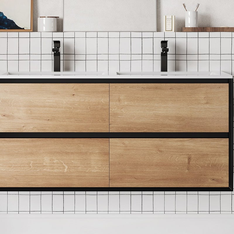 Szafka łazienkowa wisząca z umywalką wpuszczaną w blat - Naturalny jasny i czarny - 120 cm - LANNICK