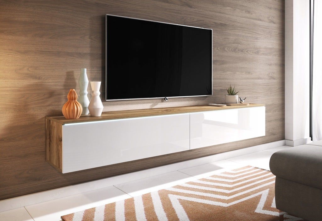 Meuble TV Lowboard D180 Chêne Wotan/Blanc brillant, Nombre de portes : 2, 180x30x31 cm - 3